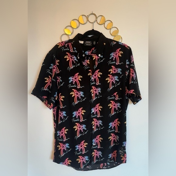 WESC Vaporwave Rainbow  Neon Paradise Lost Palm Trees Button-Down Short-Sleeve - Picture 1 of 3